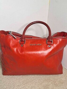 Michael Kors Sutton Red Leather Tote Handbag with Magnetic Snap Closure